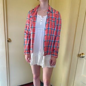 Pink and blue flannel plaid shirt